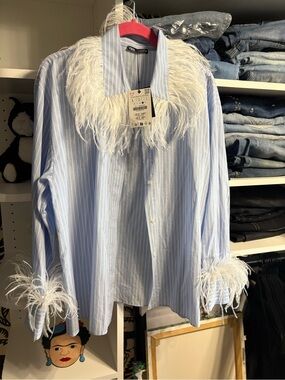 NWT Zara Light Blue & White Feather-Trim Striped Shirt